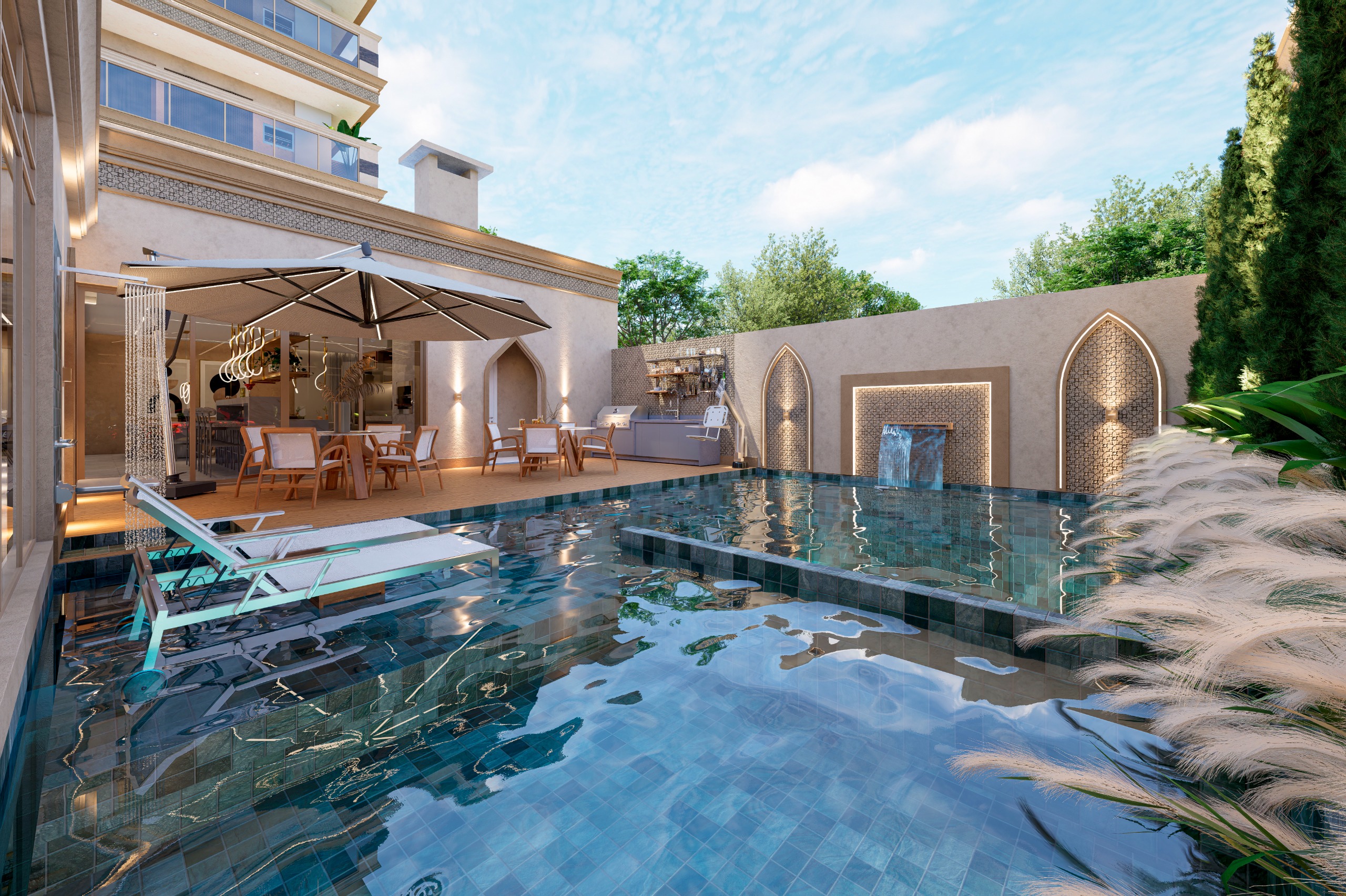 Piscina com deck e cascata Doha Residence Tijucas SC